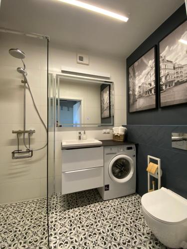 a bathroom with a washing machine and a sink at Apartament Toruń in Toruń