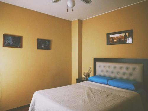 1 dormitorio con 1 cama y 2 cuadros en la pared en Amplio departamento en el corazón de Mendoza en Mendoza