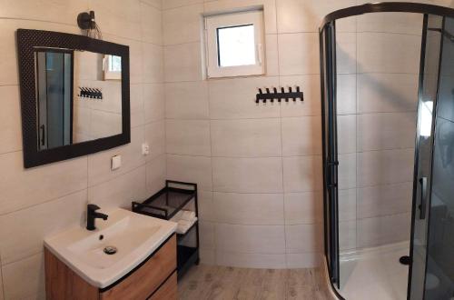 a bathroom with a sink and a shower at Zbychowskie Zacisze in Zbychowo