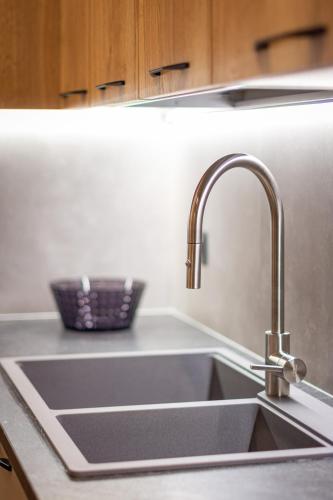 a kitchen sink with a faucet on a counter at DolomiApartments - Appartamenti Campanil 1 e Campanil 2 in Predazzo