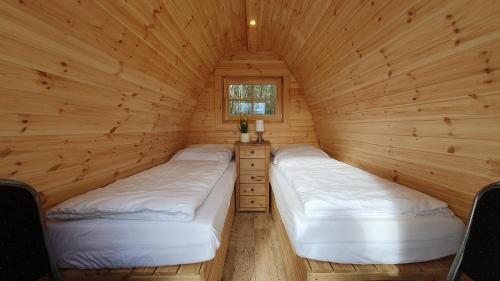 2 camas en una cabaña de madera con ventana en 01 Familien Premium Pods, en Silberstedt