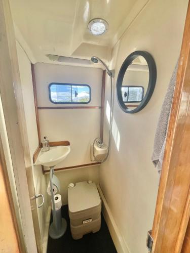 a small bathroom with a toilet and a sink at Houseboats - Living The Breede - Valid Skippers License compulsory in Malgas