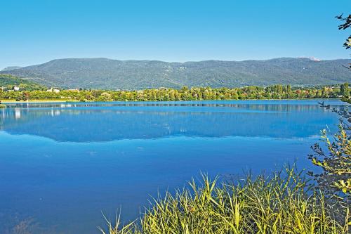 un gran lago azul con montañas en el fondo en La Villa Du Lac- 3 rooms for 6 people en Divonne-les-Bains
