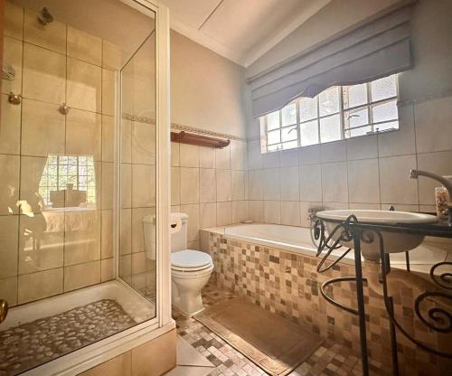 a bathroom with a shower and a toilet and a sink at Farm stay at Saffron Cottage on Haldon Estate in Bloemfontein