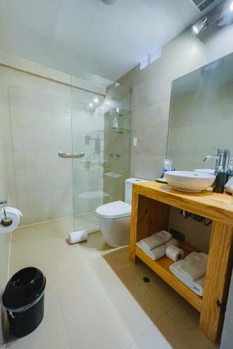 a bathroom with a sink and a toilet and a glass shower at Cooper Hotel Boutique in Cusco