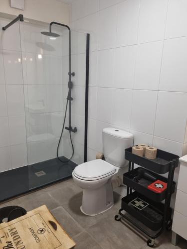 e bagno con servizi igienici e doccia in vetro. di Pine Tree Apartment a Porto