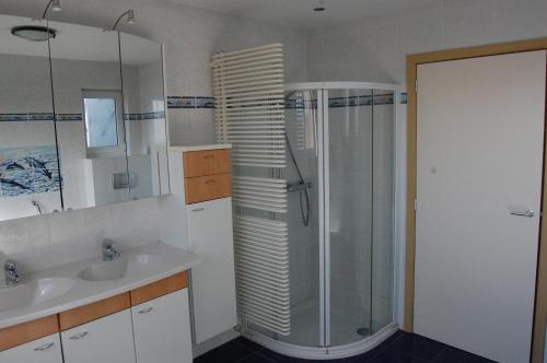een badkamer met een douche en een wastafel bij Westhoek Apartments in De Panne