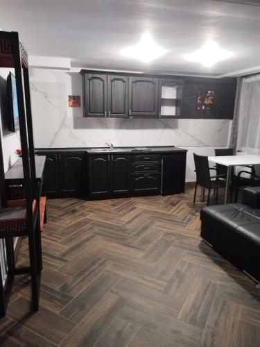 Il comprend une cuisine avec des armoires noires et du parquet. dans l'établissement Ultracentral Apartment Villa ELENA Palas Mall, à Iaşi