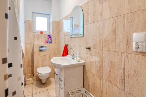 a bathroom with a sink and a toilet at Domek na Kaszubach na Gwizdowce in Załakowo