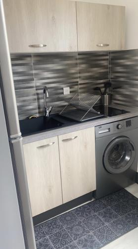 une cuisine avec un évier et une machine à laver dans l'établissement Les Grandes Roches - Studio et balcon plage à pied, à La Rudelière