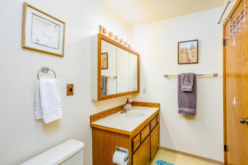 a bathroom with a sink and a toilet and a mirror at Timberline Getaway in Girdwood