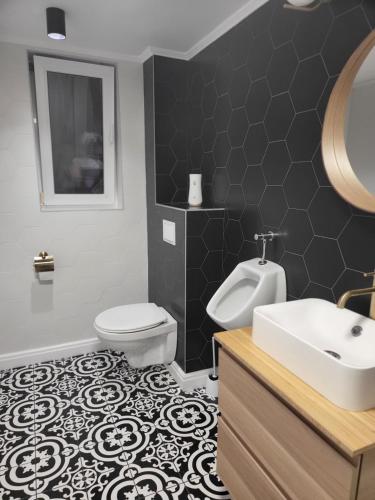 a bathroom with a white toilet and a sink at House of Chess Luxury Villa in Satu Mare