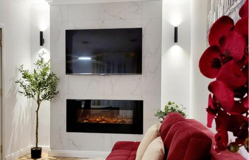 a living room with a fireplace and a tv at House of Chess Luxury Villa in Satu Mare