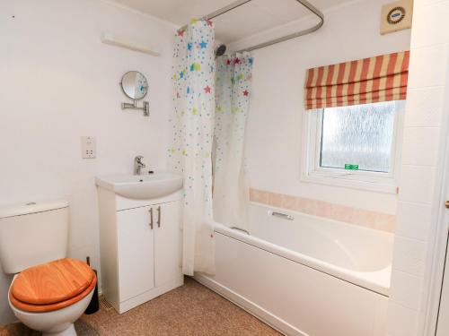 a bathroom with a toilet and a sink and a shower at The Goodwood Annex in Chichester