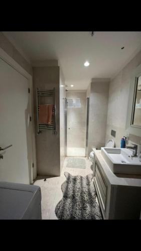 La salle de bains est pourvue de toilettes, d'un lavabo et d'une douche. dans l'établissement luks ferah rezidans, à Istanbul