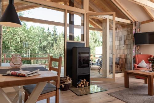 a living room with a fireplace in a house at Forstgut - Premium Waldchalets und Lodge Suiten in Regen