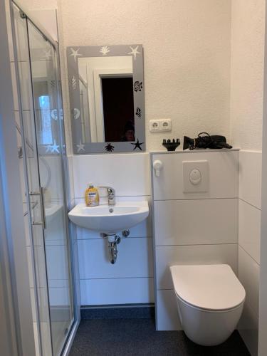 a bathroom with a sink and a toilet and a mirror at Monteurzimmer Ahnetal Zweibettzimmer Einzelzimmer mit eigenem Bad in Dörnberg