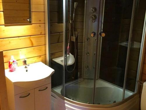 a bathroom with a shower and a sink at Comfortable holiday homes, Mielenko in Mielenko