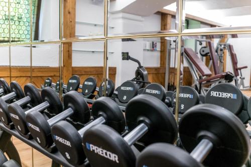 a row of dumbbells in a gym at Hotel Moserhof in Seeboden