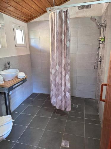a bathroom with a shower and a sink at Arbel Holiday Homes in Arbel