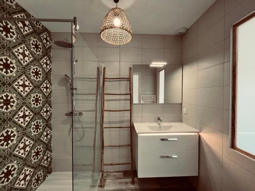 La salle de bains est pourvue d'une douche, d'un lavabo et d'un miroir. dans l'établissement Maison forestière, mer & lumière, à Saint-Jean-de-Monts