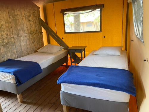 two twin beds in a room with a window at Camping la Kahute - Tente lodge au coeur de la forêt in Carcans