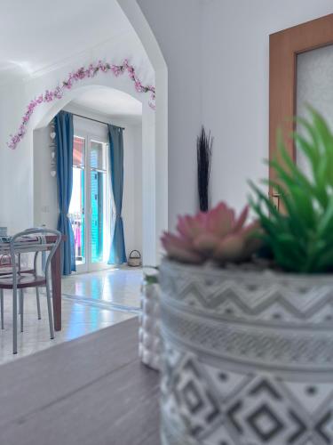 a living room with a table and a potted plant at Appartamento il sole 2 piano in Realmonte