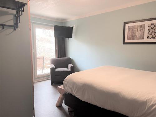 a bedroom with a bed and a chair and a window at Mountain Top Inn and Resort in Warm Springs