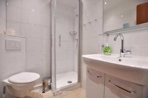 een badkamer met een douche, een toilet en een wastafel bij Haus-Seeblick-43 in Borkum