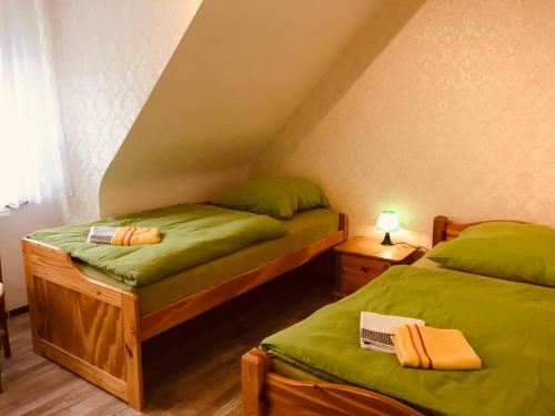 two beds in a room with green sheets at Haus am Fluss mit wunderschöner Dachterrasse mit Flussblick ,Garten und Grill in Zorge