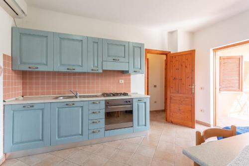 a kitchen with blue cabinets and a sink at La Basoledda in Isola Rossa