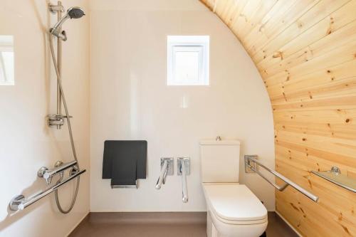 a bathroom with a toilet and a wooden wall at Beautiful bolt hole for 2 with breathtaking views in Kingsbridge