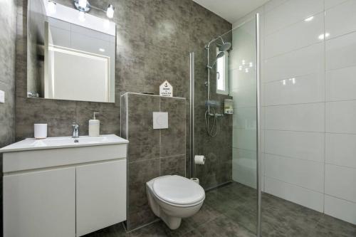 a bathroom with a toilet and a shower and a sink at Beach Dream Island House in Oranjestad