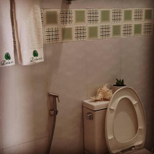 a bathroom with a toilet and a shower at Binalonan Transient/GUESTHOUSE (PENSION GLAYDIE) in Binalonan