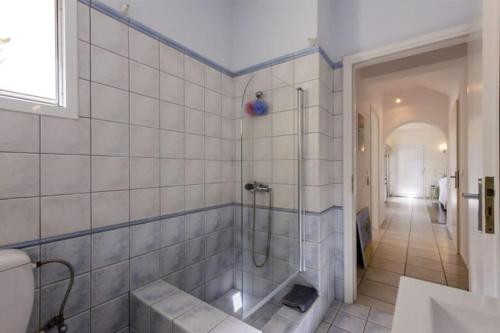 y baño con ducha y aseo. en Βίλα με Υπέροχη Θέα Porto Cheli Villa Luxury Kounoupisea, en Agios Aimillianos