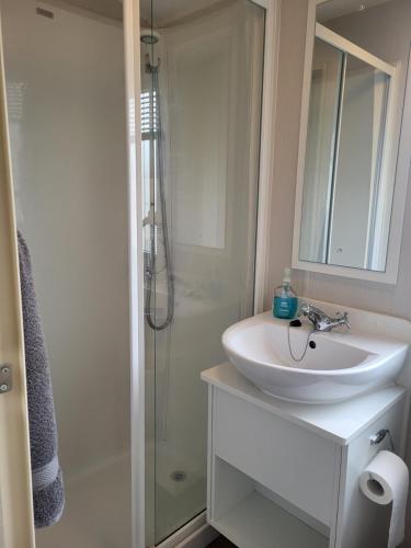 biała łazienka z umywalką i prysznicem w obiekcie Beach View w mieście Whitstable