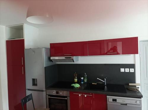 a kitchen with red cabinets and a sink at Spacieux et lumineux 2 pièces in Roquebillière