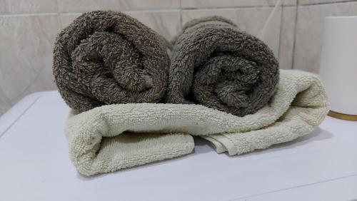 um par de toalhas sentadas em cima de uma sanita em Rent Apartment Negruzzi Street em Chişinău