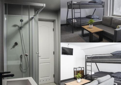 a room with a shower and a bedroom with a bunk bed at Willa Śmieszek in Sosnówka