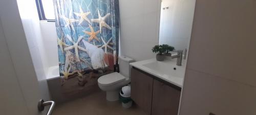 a bathroom with a toilet and a shower curtain at Depto nuevo 3 a 4 personas in Viña del Mar