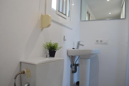 ein Badezimmer mit einem Waschbecken und einem weißen Kühlschrank in der Unterkunft Casa Mar i Sol in L'Ampolla