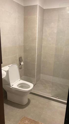 a bathroom with a toilet and a shower at The Moonlight Manor Suite in Accra