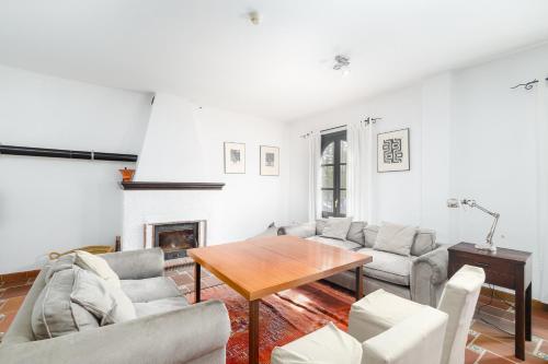 a living room with a table and couches and a fireplace at Cerro de Hijar in Tolox