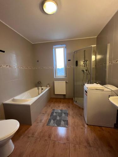 a bathroom with a tub and a toilet and a sink at Apartamenty Centrum in Białystok