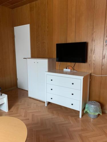 a living room with a tv and a white dresser at Monteurzimmer Ahnetal Zweibettzimmer Einzelzimmer mit eigenem Bad in Dörnberg