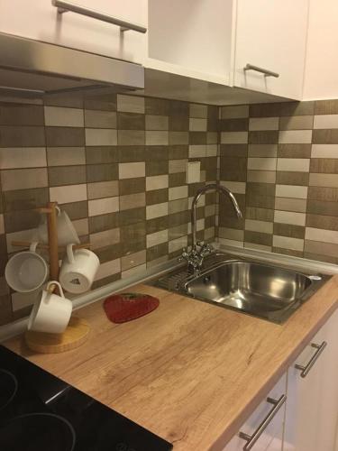 a kitchen with a stainless steel sink and a counter at Seaflows Apartments #3 in Paralia Katerinis