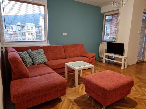 a living room with a couch and a tv at D&D Centar Apartment in Skopje
