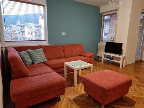 a living room with a couch and a tv at D&D Centar Apartment in Skopje
