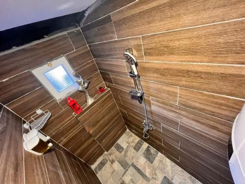 an overhead view of a bathroom with a shower at Sarı Konak in Antalya