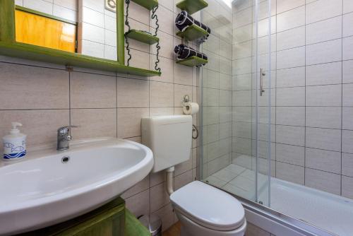 ein Bad mit einem Waschbecken, einem WC und einer Dusche in der Unterkunft Apartment RIKY in Crikvenica